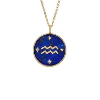 Aquarius Sutton Zodiac Colier cu pandantiv din oțel inoxidabil auriu și lapis albastru