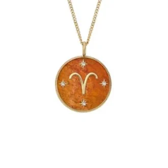 Aries Sutton Zodiac Colier cu pandantiv din oțel inoxidabil auriu și cornalină roșie