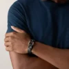 Brățară robustă din oțel inoxidabil și curea din piele neagră