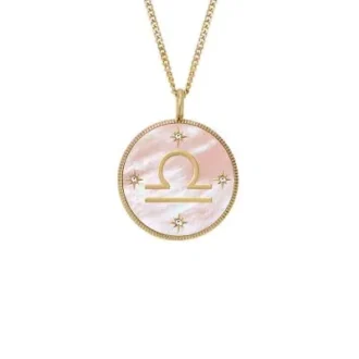 Libra Sutton Zodiac Colier cu pandantiv din oțel inoxidabil auriu și sidef roz