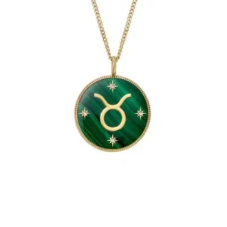 Taurus Sutton Zodiac Colier cu pandantiv din oțel inoxidabil auriu și malachit verde